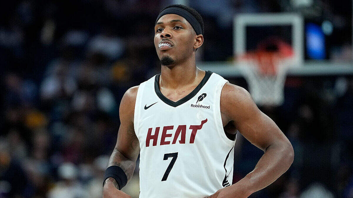 Ryan Conwell #7 of the Miami Heat looks on against the San Antonio Spurs during the second half in the California Classic, an NBA Summer League game, at Chase Center on July 03, 2026 in San Francisco.